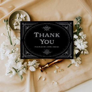 Modern Deco Elegant Onyx Black and White Wedding Thank You Card
