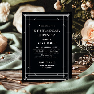Modern Deco   Elegant Onyx Black Rehearsal Dinner Invitation