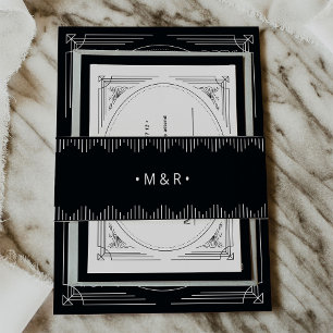 Modern Deco   Elegant Onyx Black with Monograms Invitation Belly Band