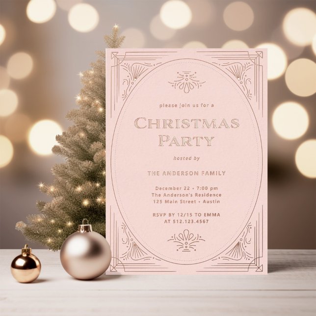 Modern Deco Elegant Pink Christmas Party Rose Gold (An elegant, art deco style Christmas party invitation in blush pink with rose gold foil)