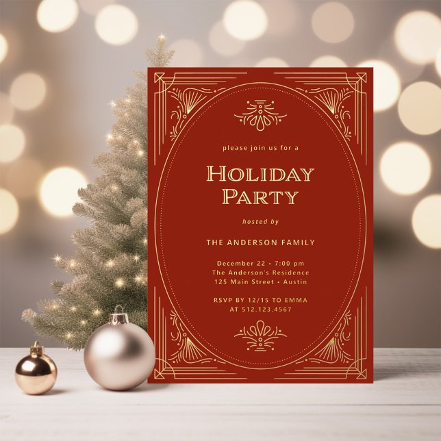 Modern Deco | Elegant Red Holiday Party Gold (An elegant red holiday party invitation with a shimmering, elegant gold foil design)