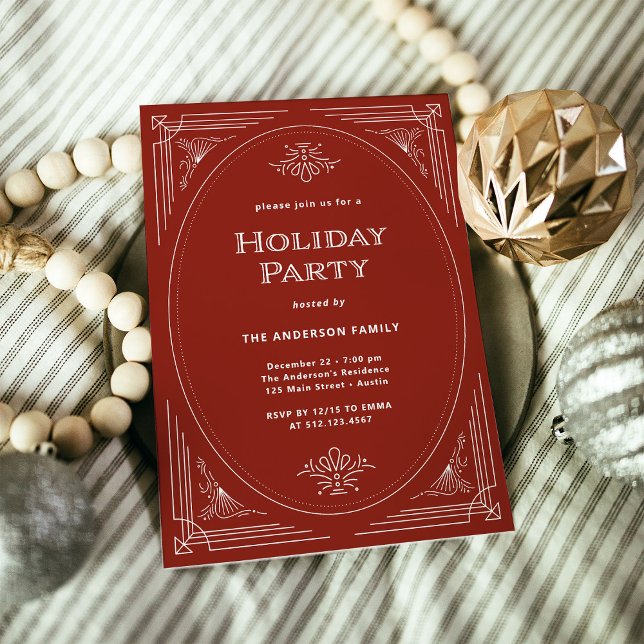 Modern Deco | Elegant Red Holiday Party Invitation (An elegant, art deco style red holiday party invitation)
