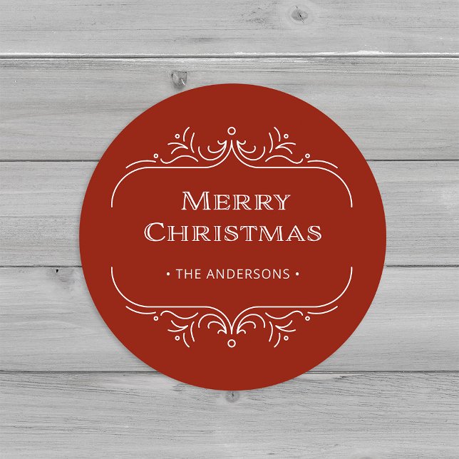 Modern Deco | Elegant Red Merry Christmas Classic Round Sticker (An elegant, red and white art deco style Christmas sticker)