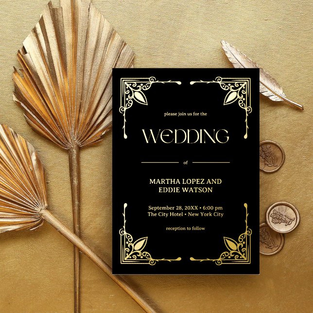 Modern Deco | Elegant Wedding Black and Gold (Modern deco black and gold foil invitation adds luxe elegance to your wedding day.)
