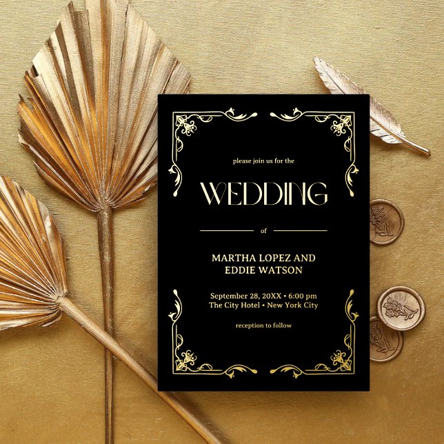 Modern Deco | Elegant Wedding Black and Gold (Modern deco black and gold foil invitation adds refined luxury to your personalized wedding.)