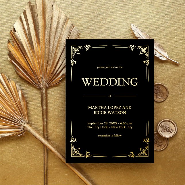 Modern Deco | Elegant Wedding Black and Gold (Modern deco black and gold foil invitation adds luxe elegance to your wedding celebration.)