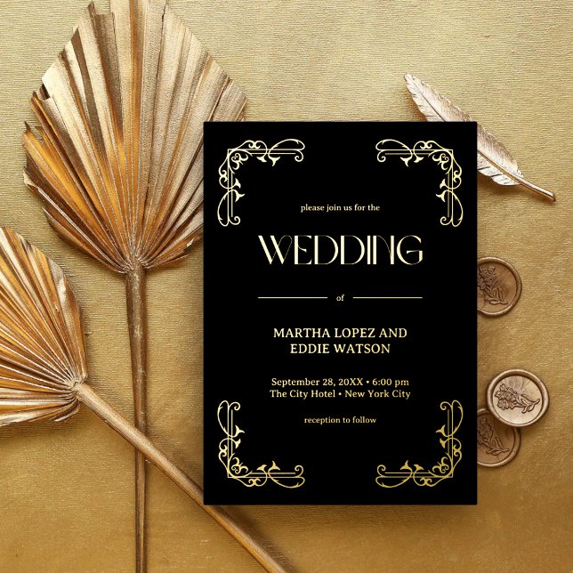 Modern Deco | Elegant Wedding Black and Gold (Modern deco black and gold foil invitation adds luxe elegance to your personalized wedding.)
