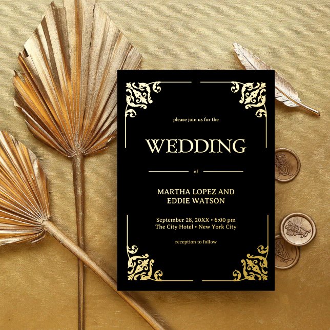 Modern Deco | Elegant Wedding Black and Gold (Modern deco black and gold foil invitation adds refined luxury to your modern wedding.)