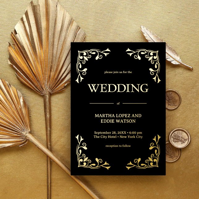 Modern Deco | Elegant Wedding Black and Gold (Modern deco black and gold foil invitation adds luxe charm to your personalized wedding day.)