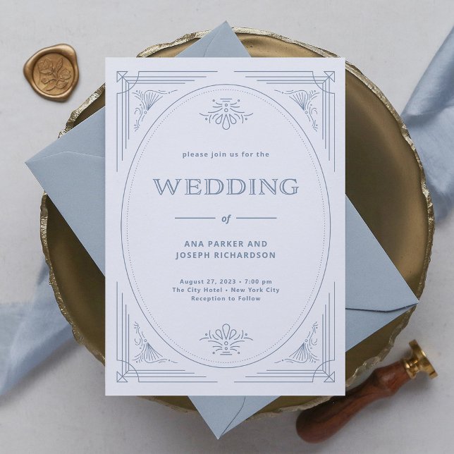 Modern Deco | Elegant White and Dusty Blue Wedding Invitation (Creator Uploaded)