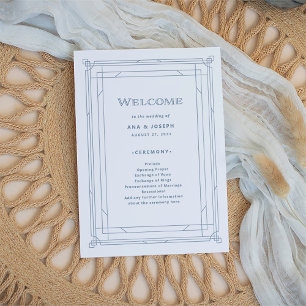Modern Deco   Elegant White and Dusty Blue Wedding Programme