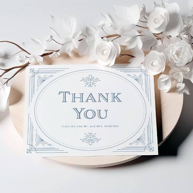 Modern Deco | Elegant White and Dusty Blue Wedding Thank You Card (Creator Uploaded)