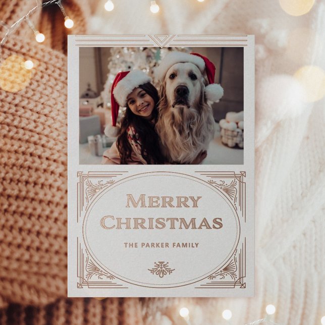 Modern Deco | Elegant White with Photo Rose Gold (An elegant Christmas card with shimmering rose gold foil on a simple white background, with a photo)