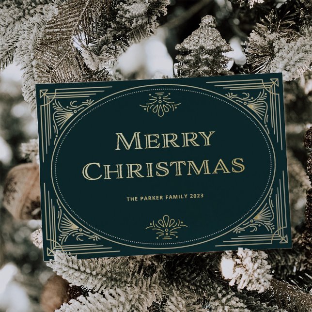 Modern Deco | Emerald Green and Photo Christmas (A vintage, art deco style Christmas holiday card in rich emerald green with your photo on the back)