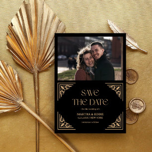 Modern Deco Faux Gold and Black Photo Wedding Save The Date