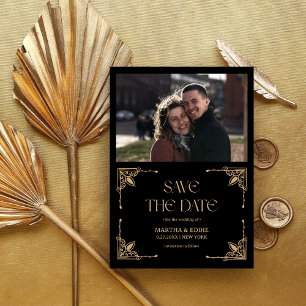 Modern Deco Faux Gold and Black Photo Wedding Save The Date