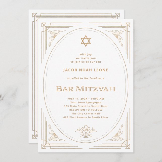 Modern Deco | Faux Gold and White Bar Mitzvah Invitation (Front/Back)
