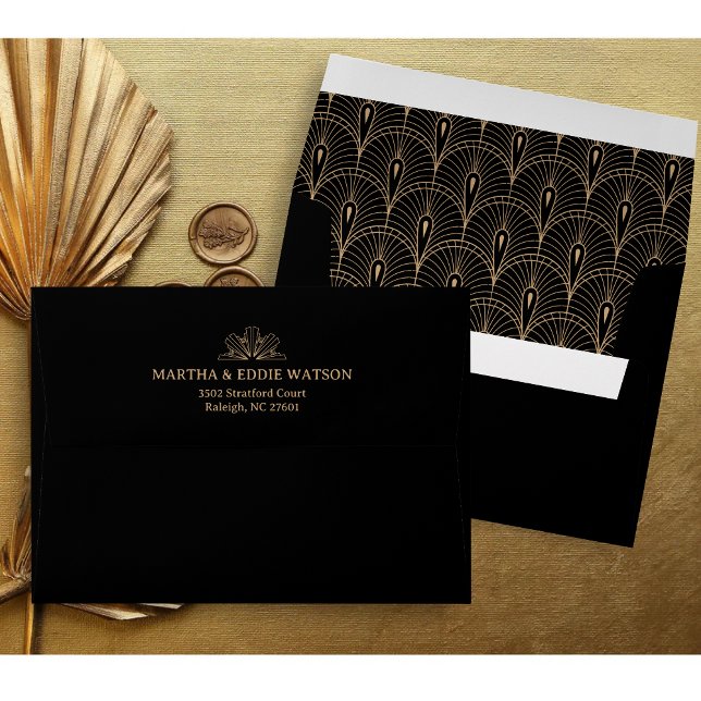 Modern Deco | Faux Gold Look and Black Wedding Envelope (Modern deco black and faux gold envelope adds elegant style to your wedding stationery suite)