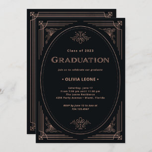 Modern Deco   Faux Rose Gold and Black Graduation Invitation
