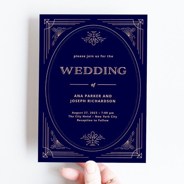 Modern Deco | Faux Rose Gold and Navy Blue Wedding Invitation (Creator Uploaded)
