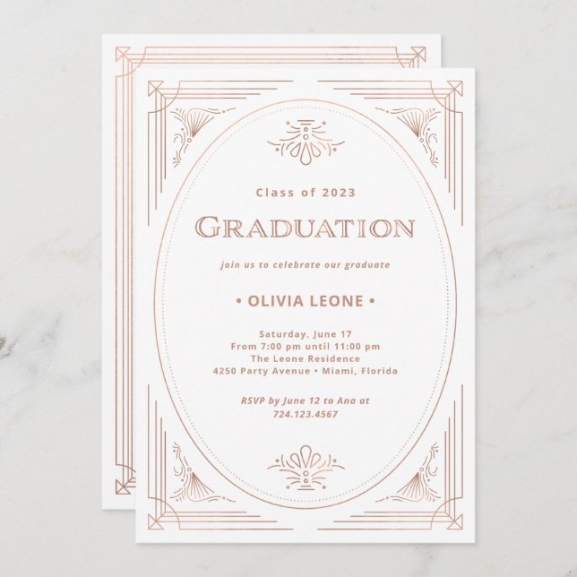 Modern Deco | Faux Rose Gold and White Graduation Invitation (Front/Back)