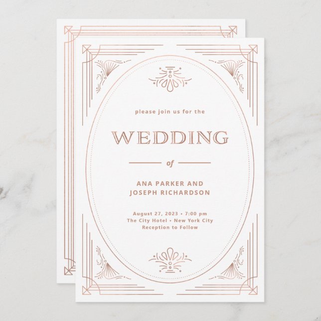 Modern Deco | Faux Rose Gold and White Wedding Invitation (Front/Back)