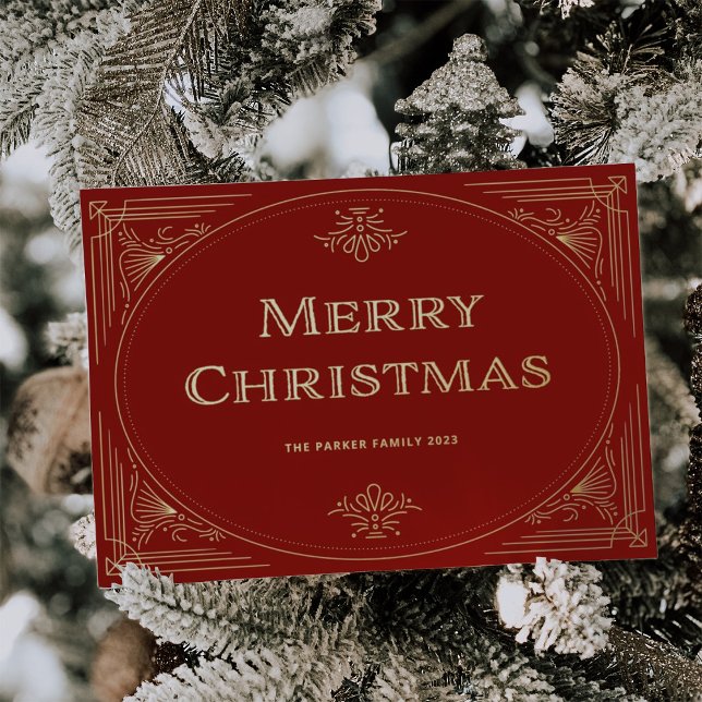Modern Deco | Festive Red and Photo Christmas (An elegant, art deco style Christmas card in stunning gold foil, on a festive red background)