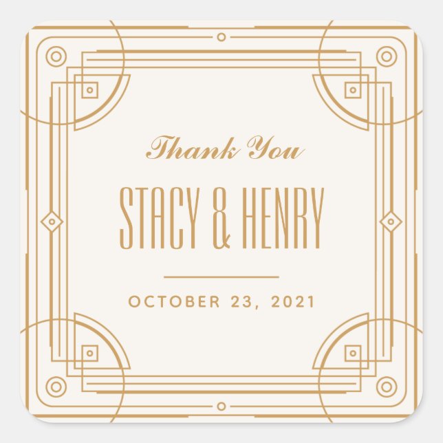 Modern Deco Frame Wedding Closure Sticker - Tan (Front)