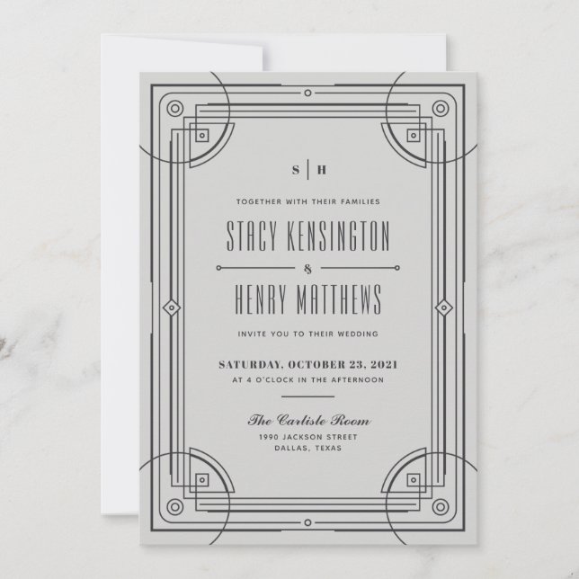 Modern Deco Frame Wedding Invitation - Grey (Front)
