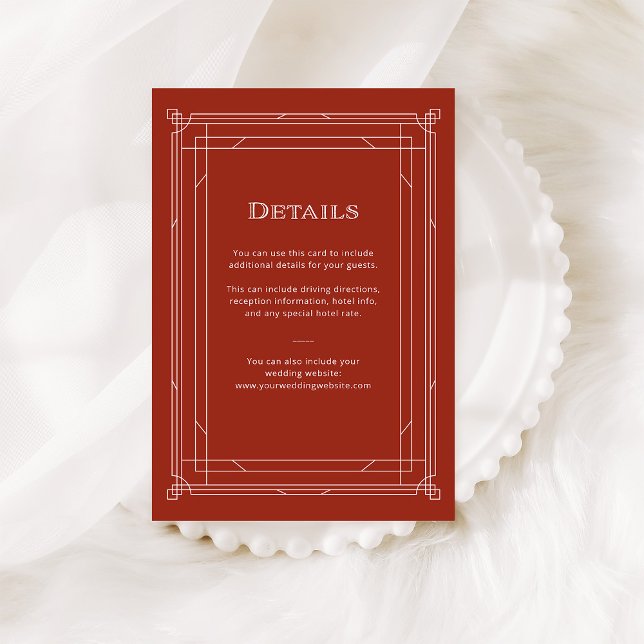 Modern Deco | Holiday Red Wedding Guest Details Enclosure Card (An elegant, red art deco style guest details card for your holiday wedding.)