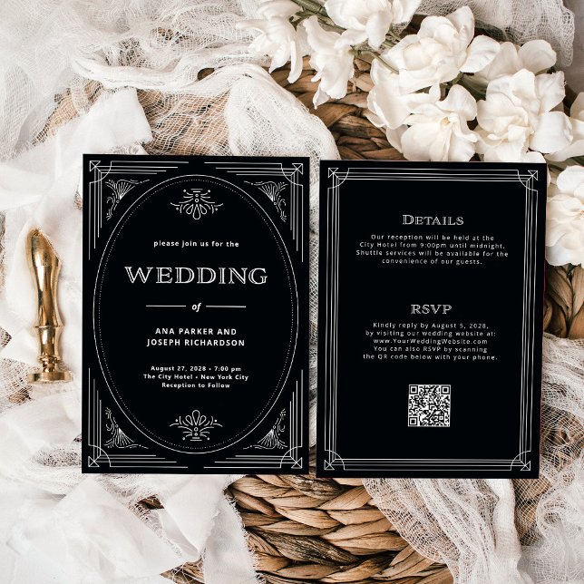 Modern Deco Onyx Black All in One QR Code Wedding Invitation (Creator Uploaded)