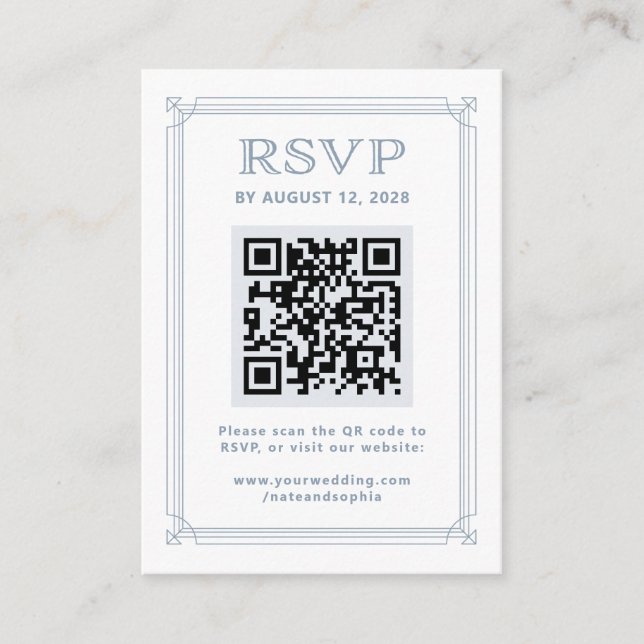 Modern Deco RSVP with QR Code | White and Blue Enclosure Card (Front)