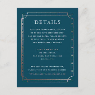 Modern Deco Teal Blue Rose Gold Wedding Details Enclosure Card