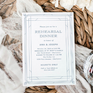 Modern Deco White and Dusty Blue Rehearsal Dinner Invitation