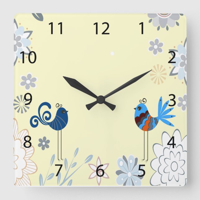 Modern Decorative Blue Birds Square Wall Clock (Front)