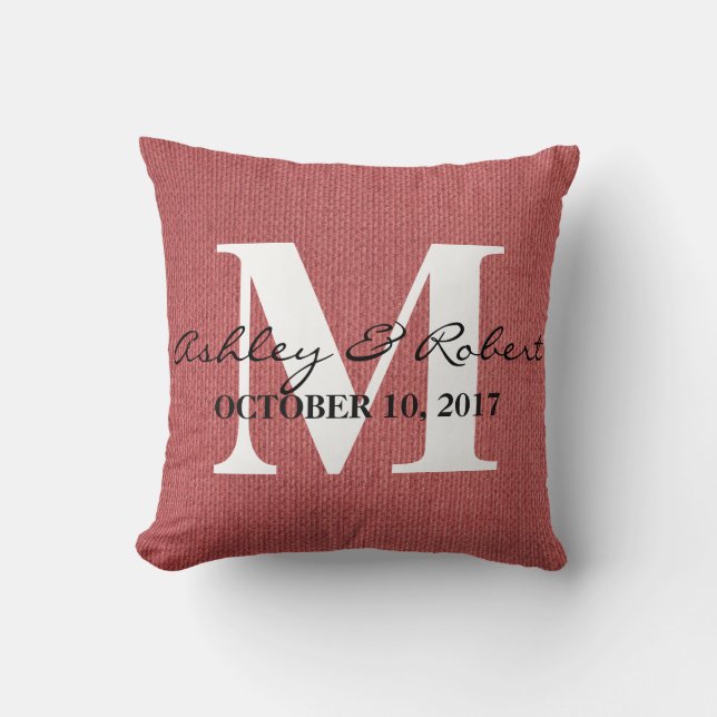 Modern Decorative Burlap White Monogram Wedding Cushion (Front)