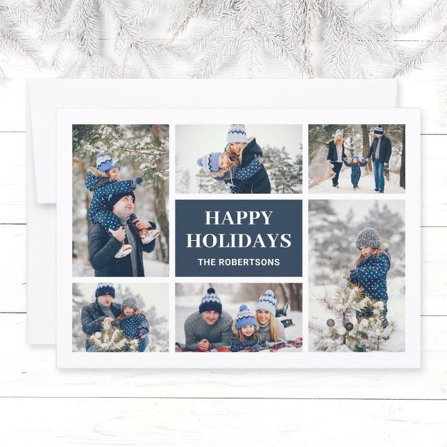 Modern Deep Blue Family 8 Photo Christmas Card (Modern, elegant family in winter photo collage Christmas greeting card in navy blue, Happy Holidays.)