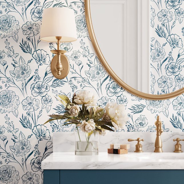 Modern Deep Blue Line Art Floral Foliage Pattern Wallpaper (Modern Deep Blue Line Art Floral Foliage Pattern Wallpaper)