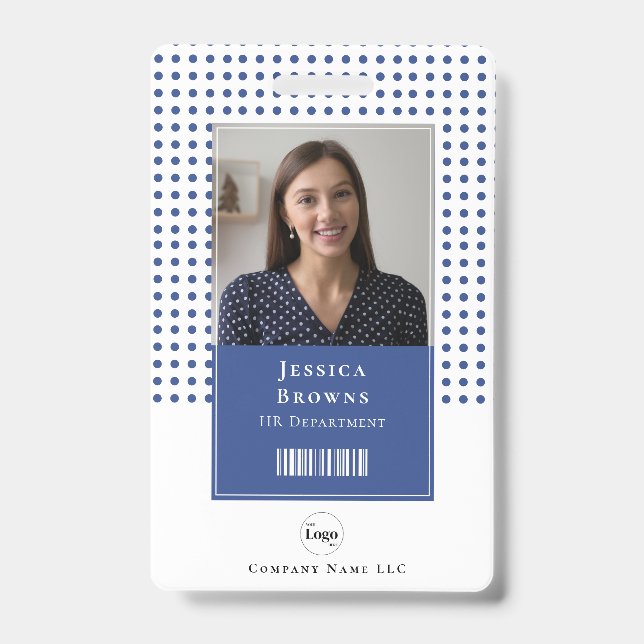Modern Deep Blue Student Employee Photo QR Barcode ID Badge (Front)