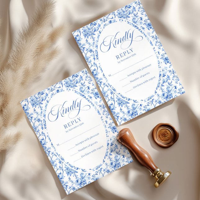 Modern Deep Blue Toile Roses Custom Wedding RSVP Card (Modern Deep Blue Toile Roses Custom Wedding RSVP

)