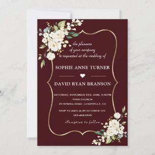 Modern Deep Burgundy White Ivory Flowers Wedding Invitation