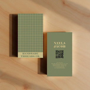 Modern Deep Green Checkered Pattern QR Code  Business Card