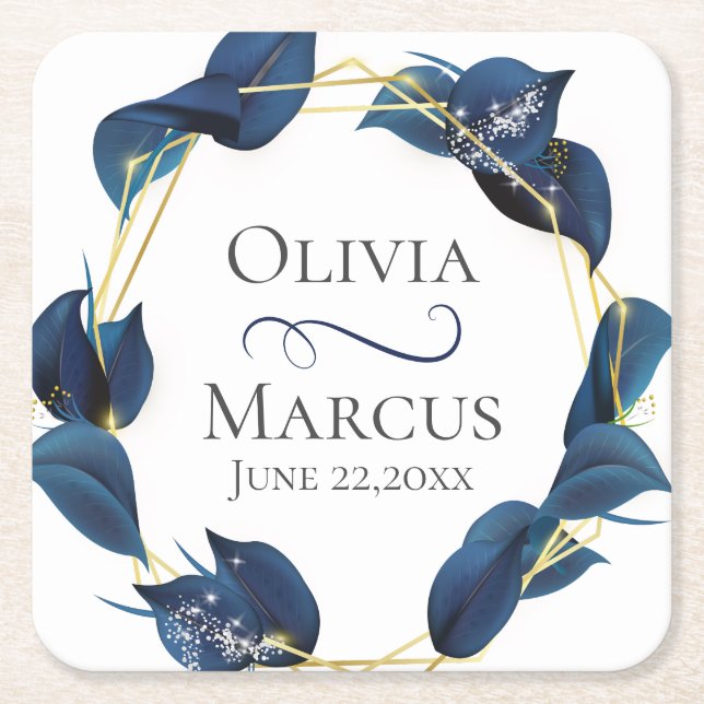 Modern Deep Indigo Blue and Gold Frame Square Paper Coaster (Front)