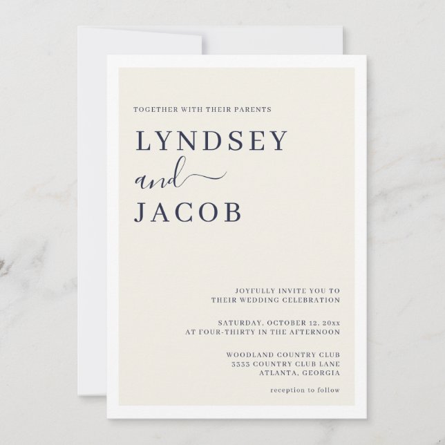 Modern Deep Navy Blue and Cream Wedding Invitation (Front)