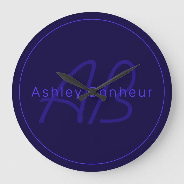 Modern Deep Purple Colours | Cool Name & Monogram Large Clock (Front)