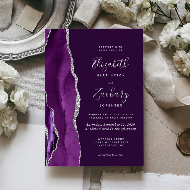 Modern Deep Purple Silver Agate Wedding Invitation (Creator Uploaded)