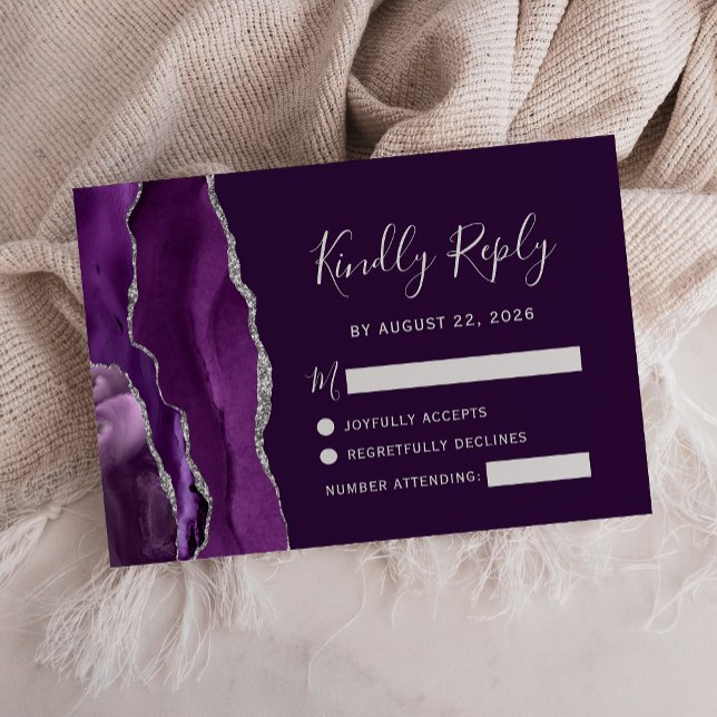 Modern Deep Purple Silver Agate Wedding RSVP Card (Creator Uploaded)