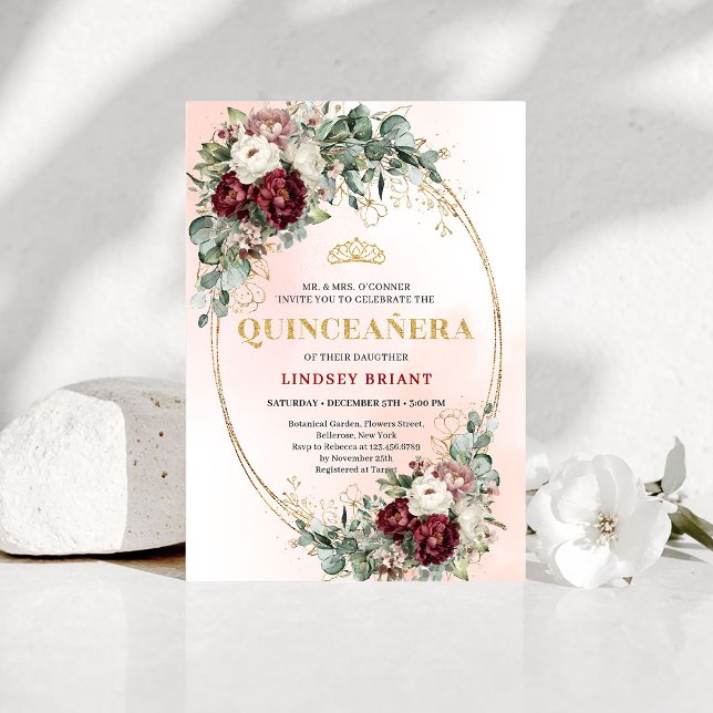 Modern Deep Red Flowers 15th Birthday Invitation (Modern Deep Red Flowers 15th Birthday Invitation)