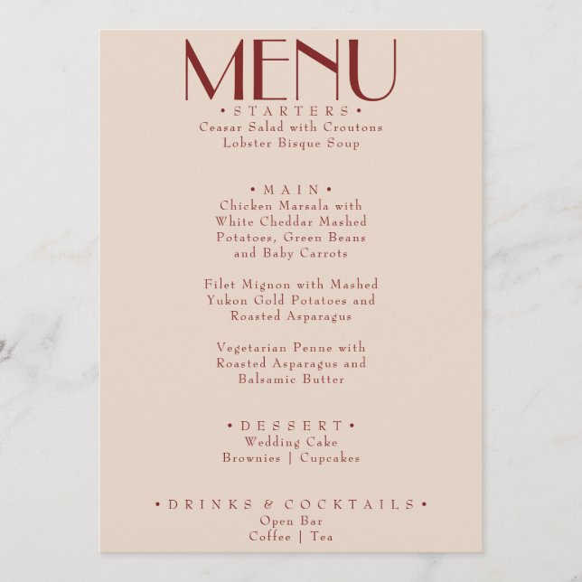 Modern Deep Red Retro Whimsical Fun Wedding Menu (Front)