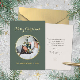 Modern Deep Sage Circle Frame Photo Christmas